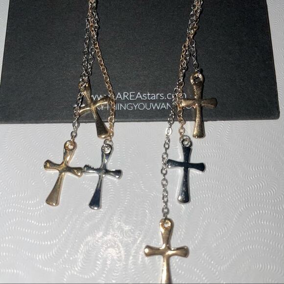 NEW - AREA STARS Mini Cross Triple Layer 3 tone Earrings dangly silver & gold - Picture 4 of 6
